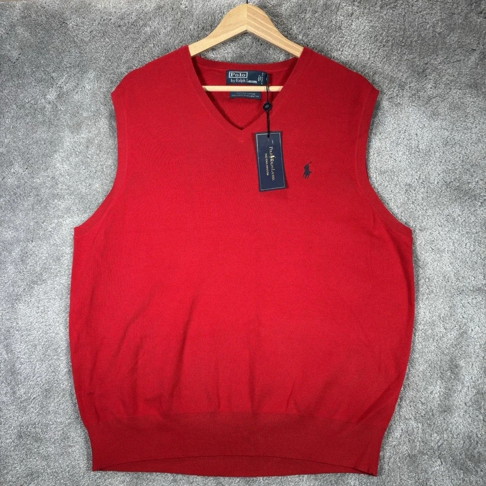 Vintage Polo Ralph Lauren Sweater Vest Mens L Red 100% Pima Cotton V Neck NWT